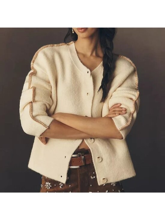 Pilcro Sweaters - Pilcro Whipstitch Cardigan Sweater Ivory Cream M